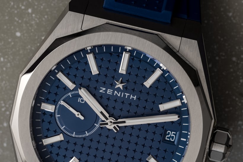 A close-up on the dial of the Zenith Defy Skyline. 