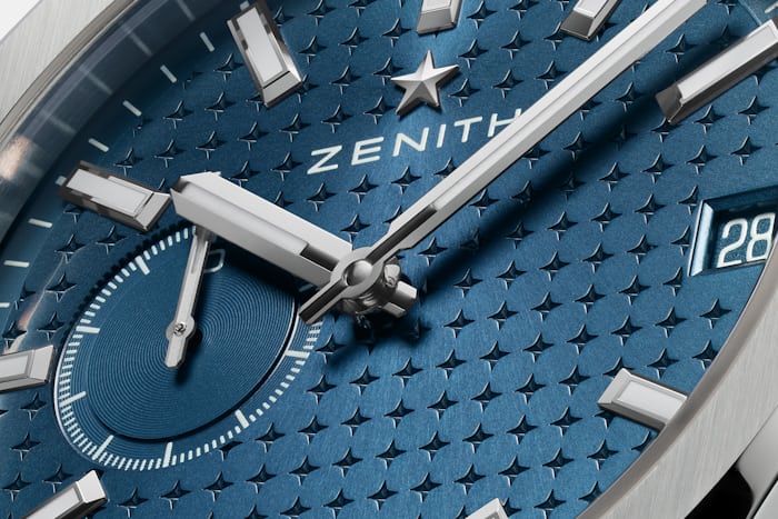 A close-up of the dial on the Zenith Defy Skyline.