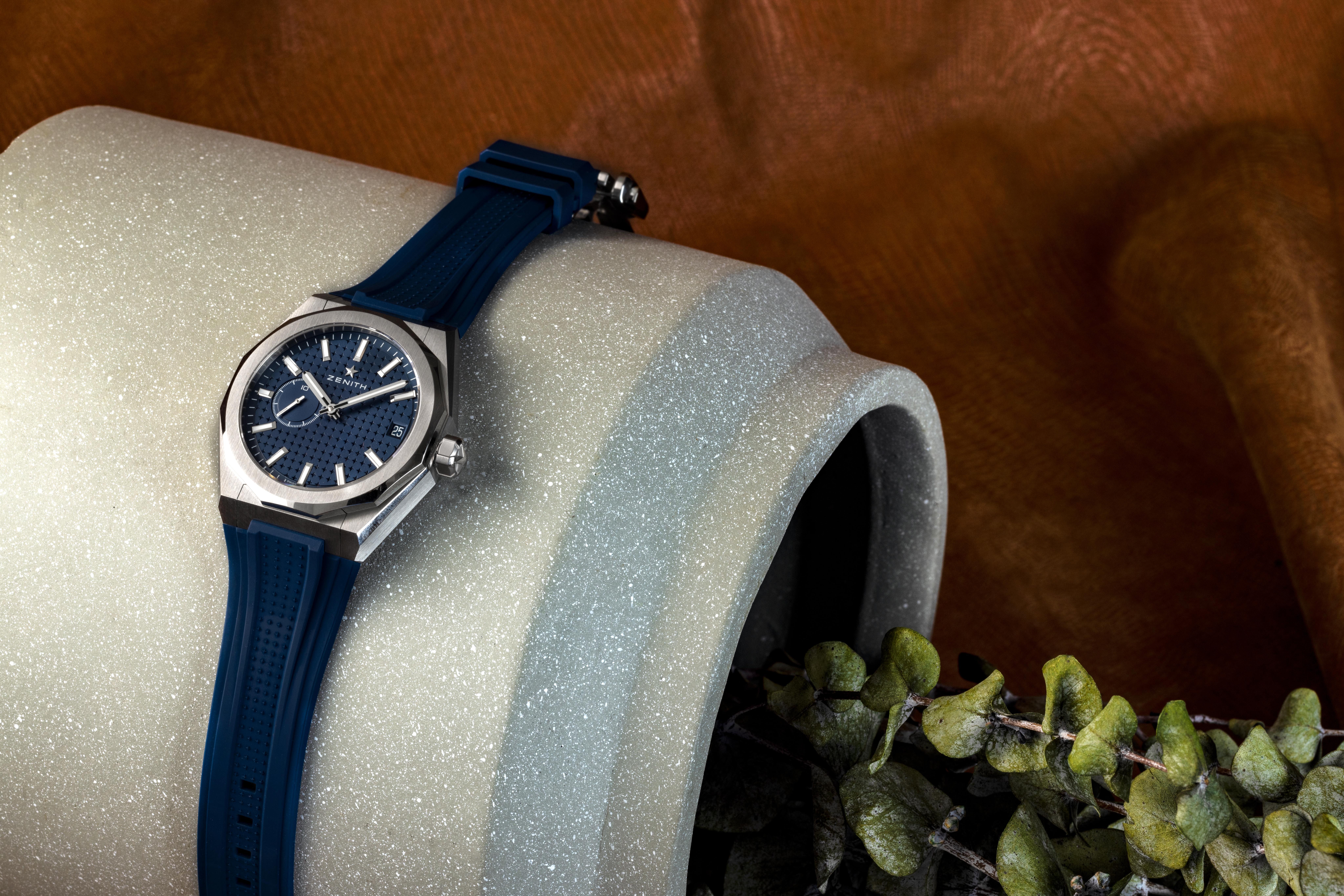 The Zenith Defy Skyline on a blue rubber strap