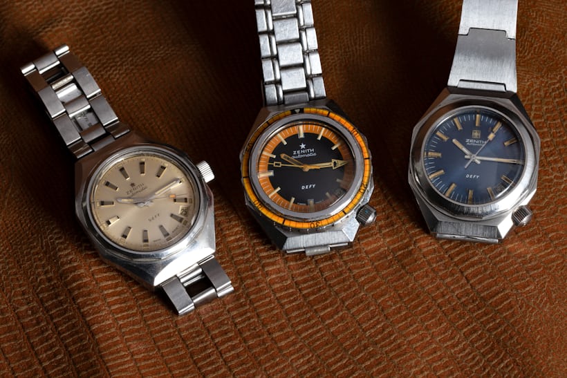 Three vintage Zenith Defy wristwatches. 