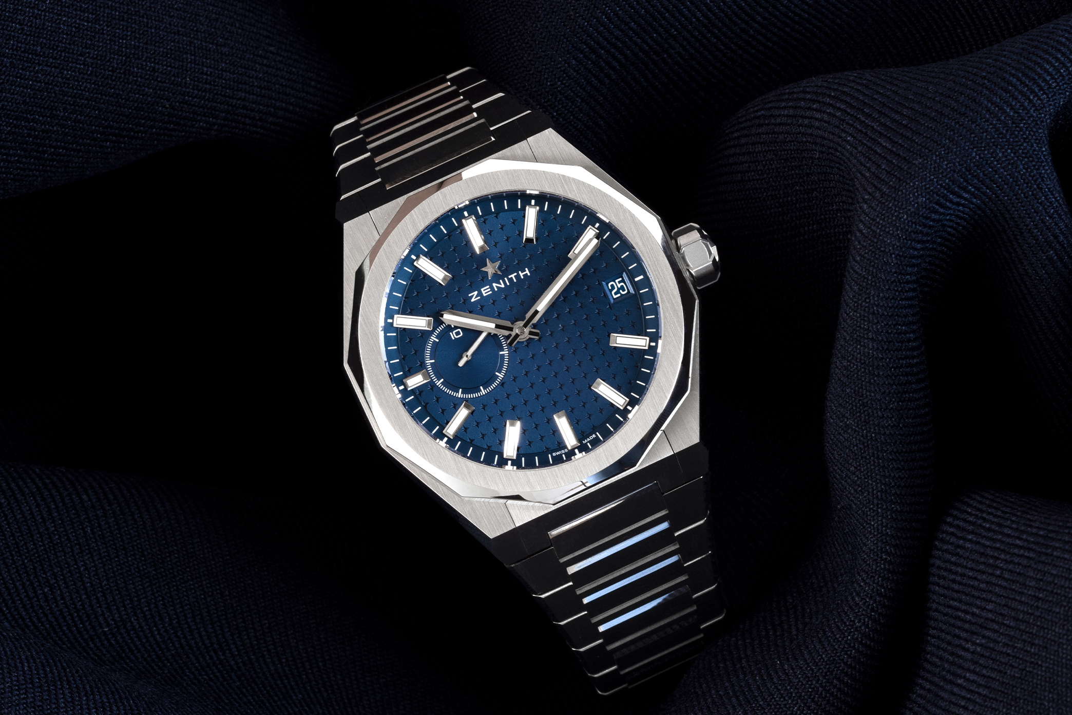 The Zenith Defy Skyline, blue dial, on bracelet. 