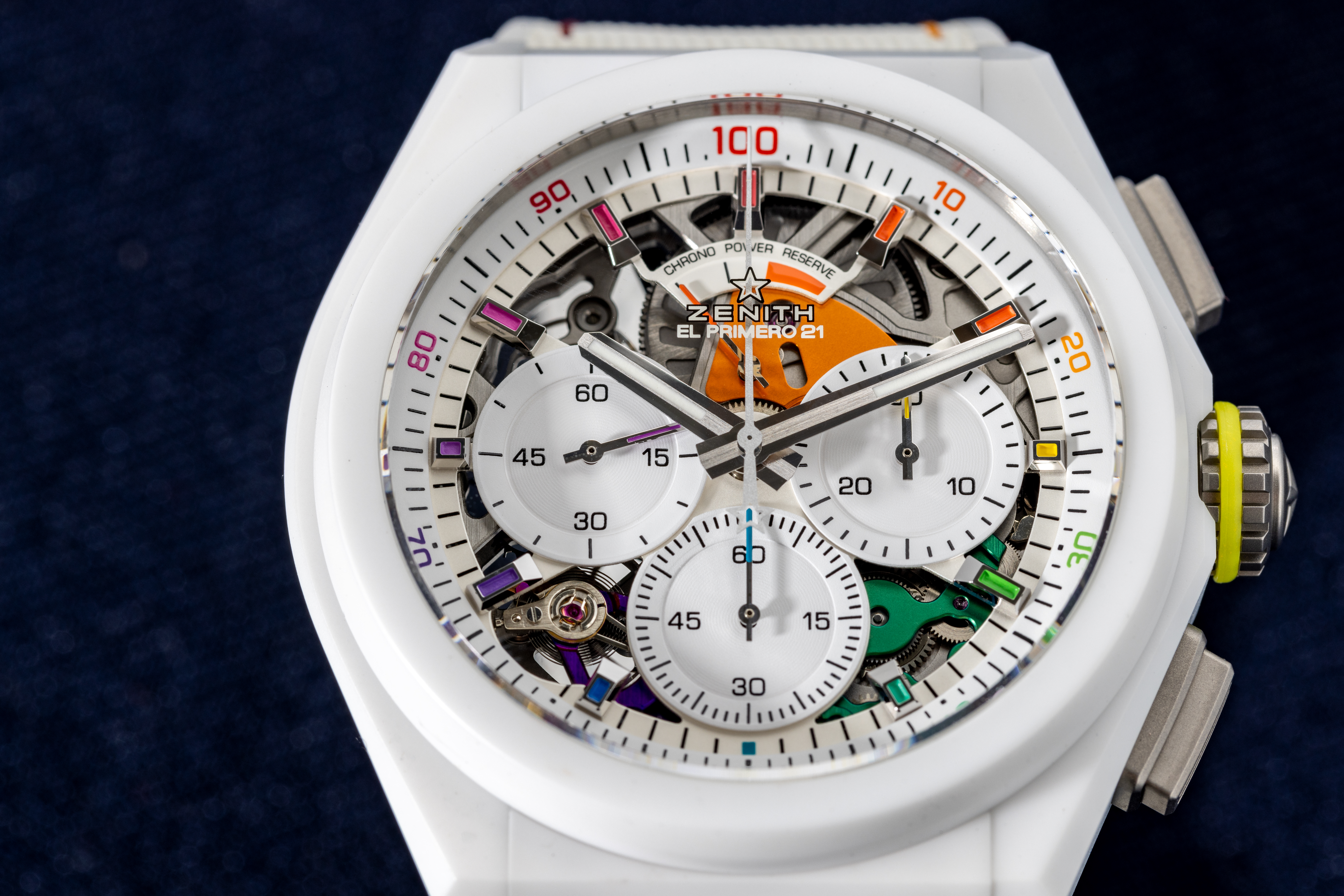 A close-up on the dial of the Zenith Defy 21 Chroma 