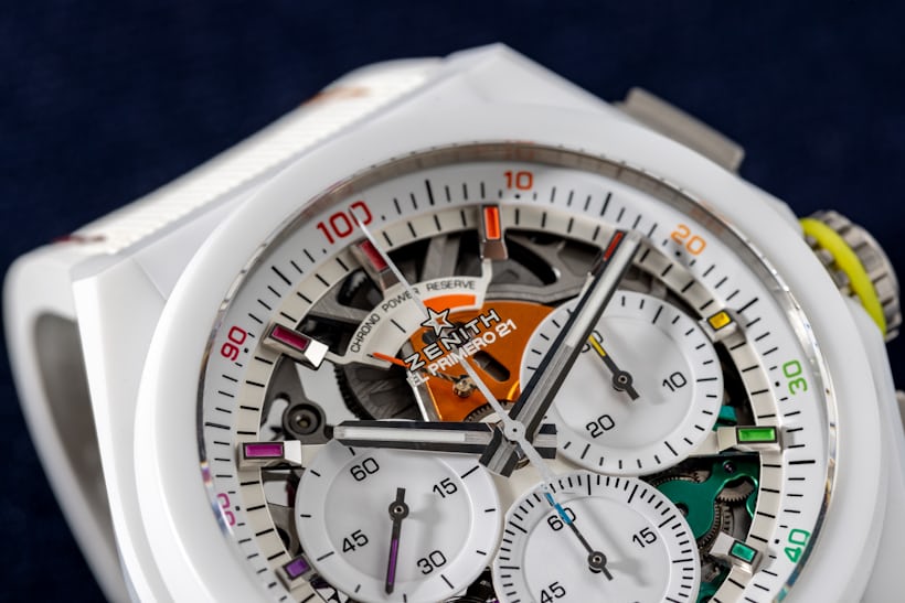A three-quarter close-up on the dial of the Zenith Defy 21 Chroma 