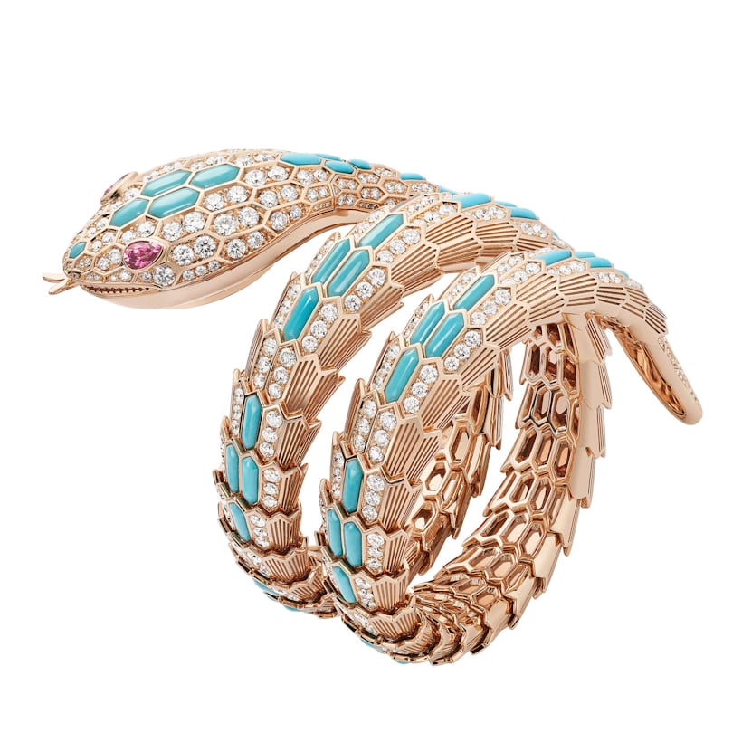 Ref. 103558, rose gold with brilliant cut diamonds and turquoise inserts