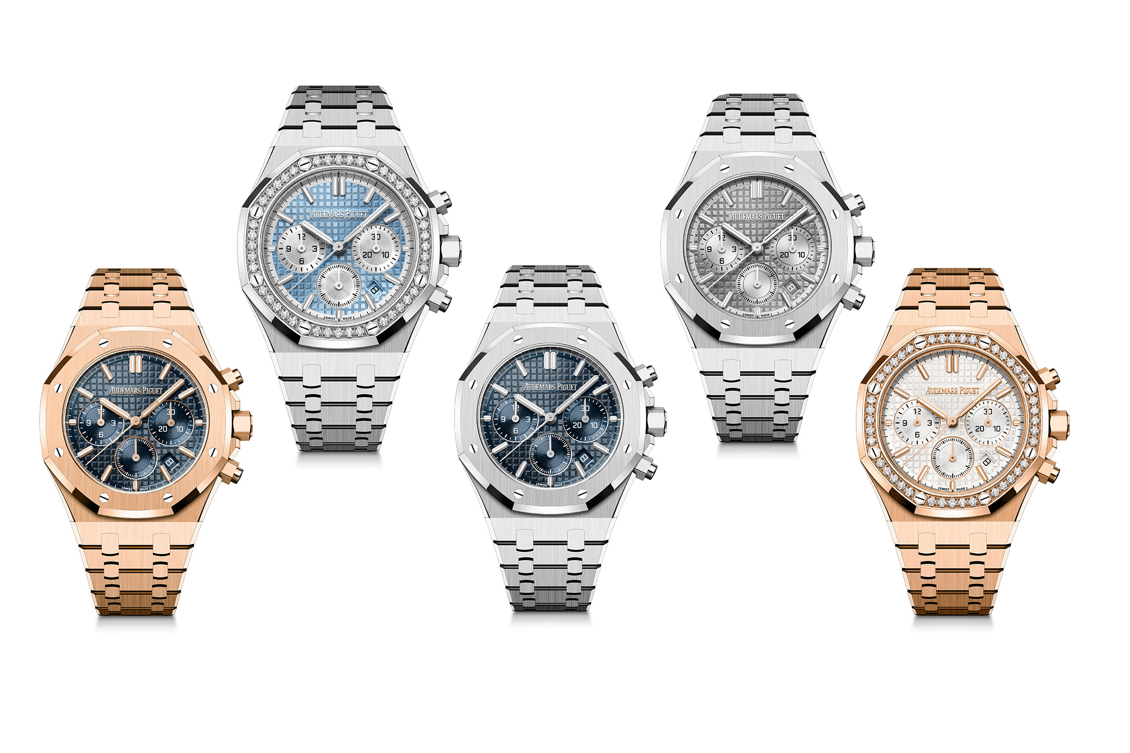 All five of the 2022 38mm Royal Oak Selfwinding Chronographs. 