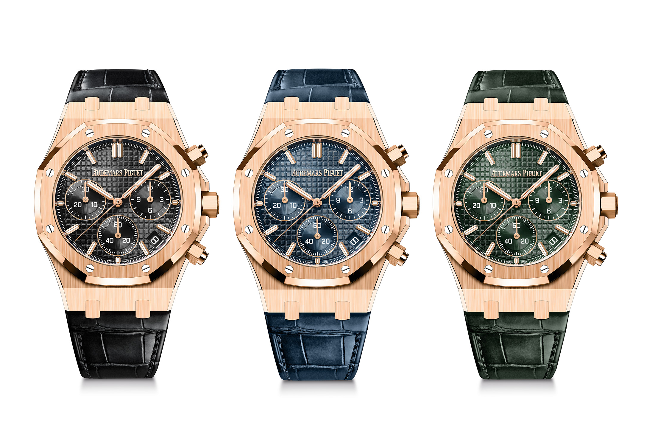 The new 41mm pink gold versions of the Royal Oak Selfwinding chronograph with alligator leather straps.