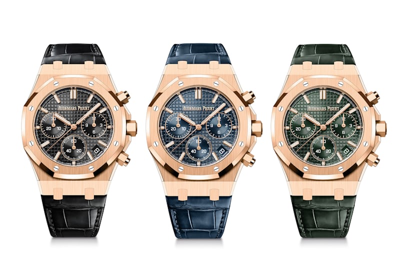 The new 41mm pink gold versions of the Royal Oak Selfwinding chronograph with alligator leather straps.