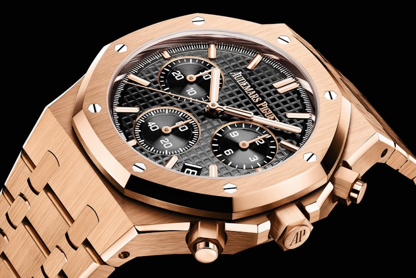 The pink gold 41mm Royal Oak Chronograph with a black dial. 