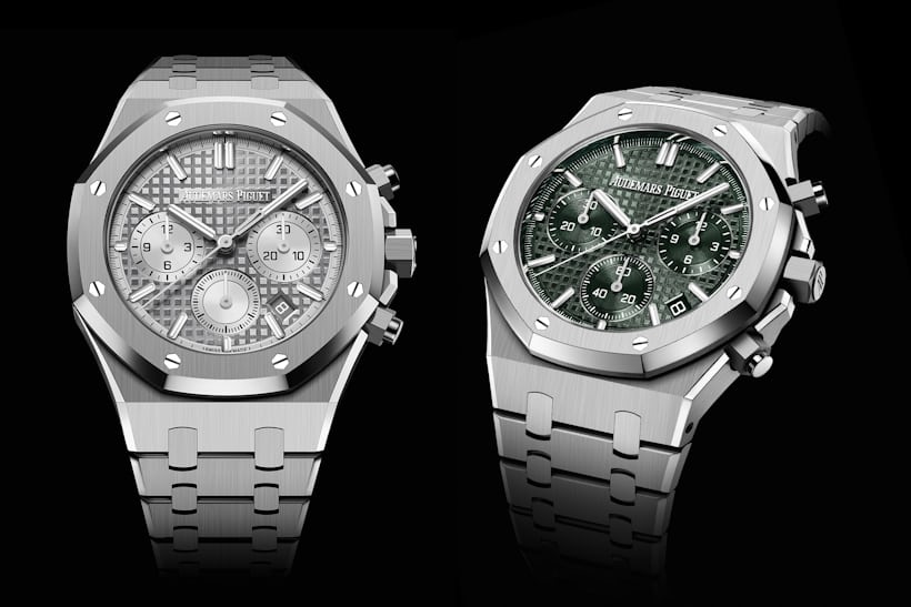 The 38mm steel Royal Oak Chronograph with a grey dial (left) and the 41mm steel with a green dial (right). 