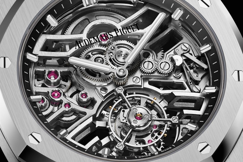 A close-up on the skeletonized dial of the An Audemars Piguet Royal Oak Selfwinding Flying Tourbillon Openworked