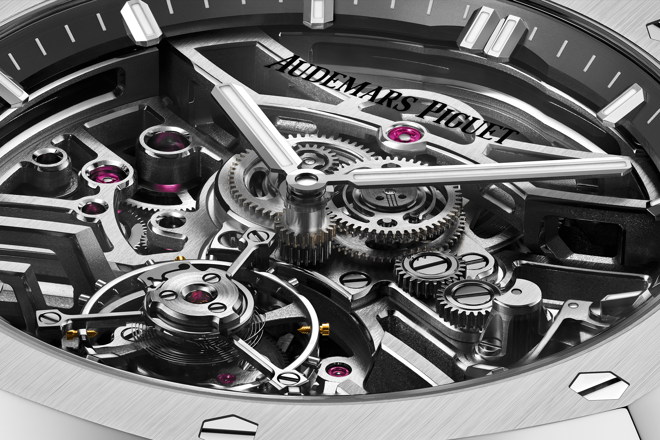 A three-quarter close-up image of the Audemars Piguet Royal Oak Selfwinding Flying Tourbillon Openworked