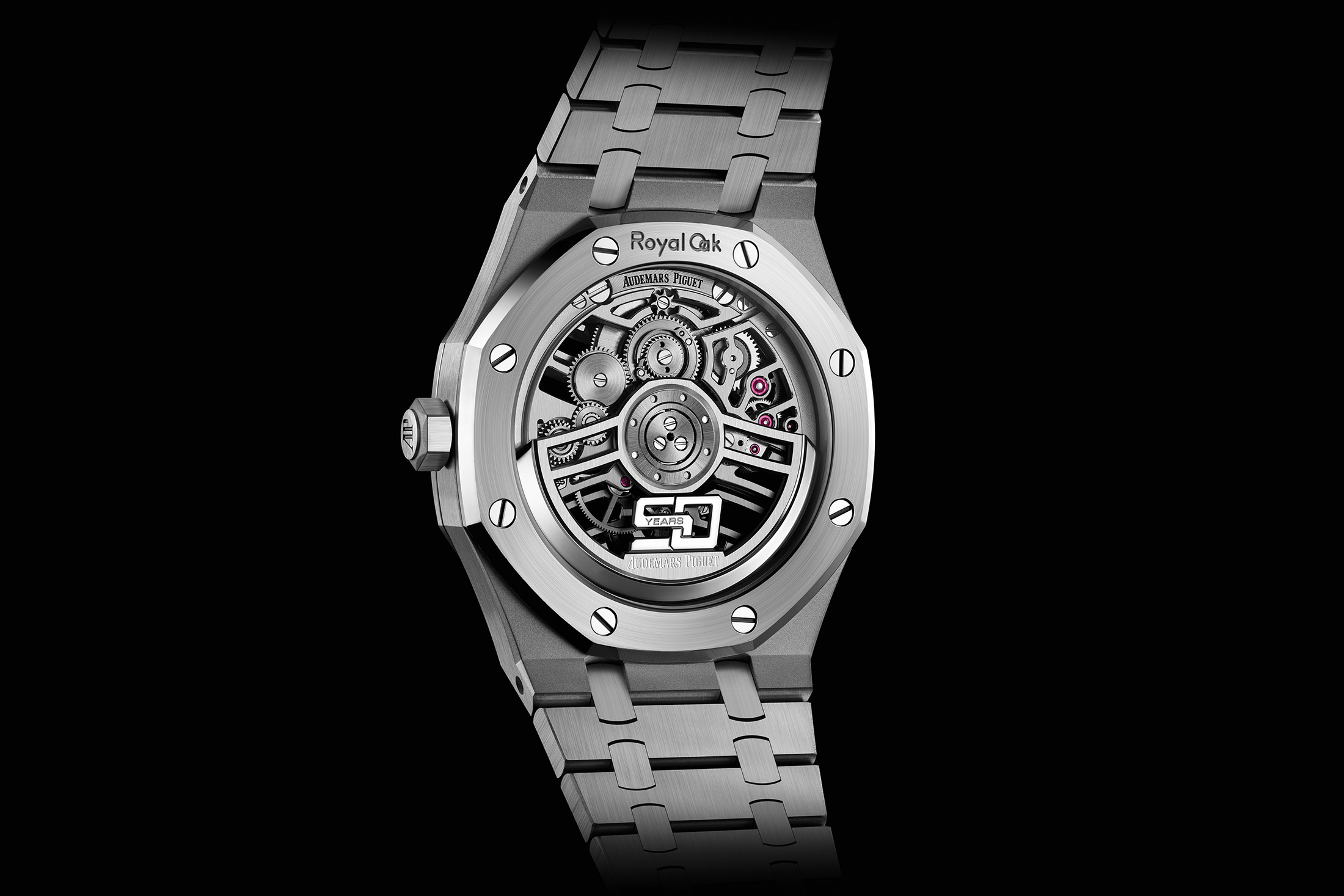 A vertical image of the caseback of the Audemars Piguet Royal Oak Selfwinding Flying Tourbillon Openworked