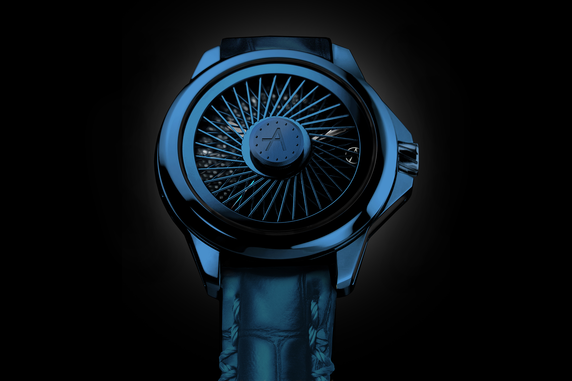 A blue watch on a black background