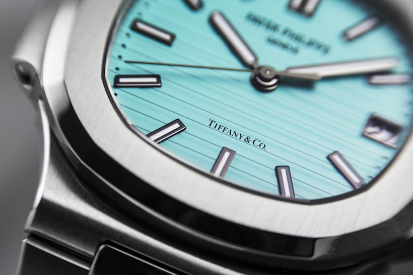 A close-up on the dial of the Tiffany-Blue Patek Philippe Nautilus 5711
