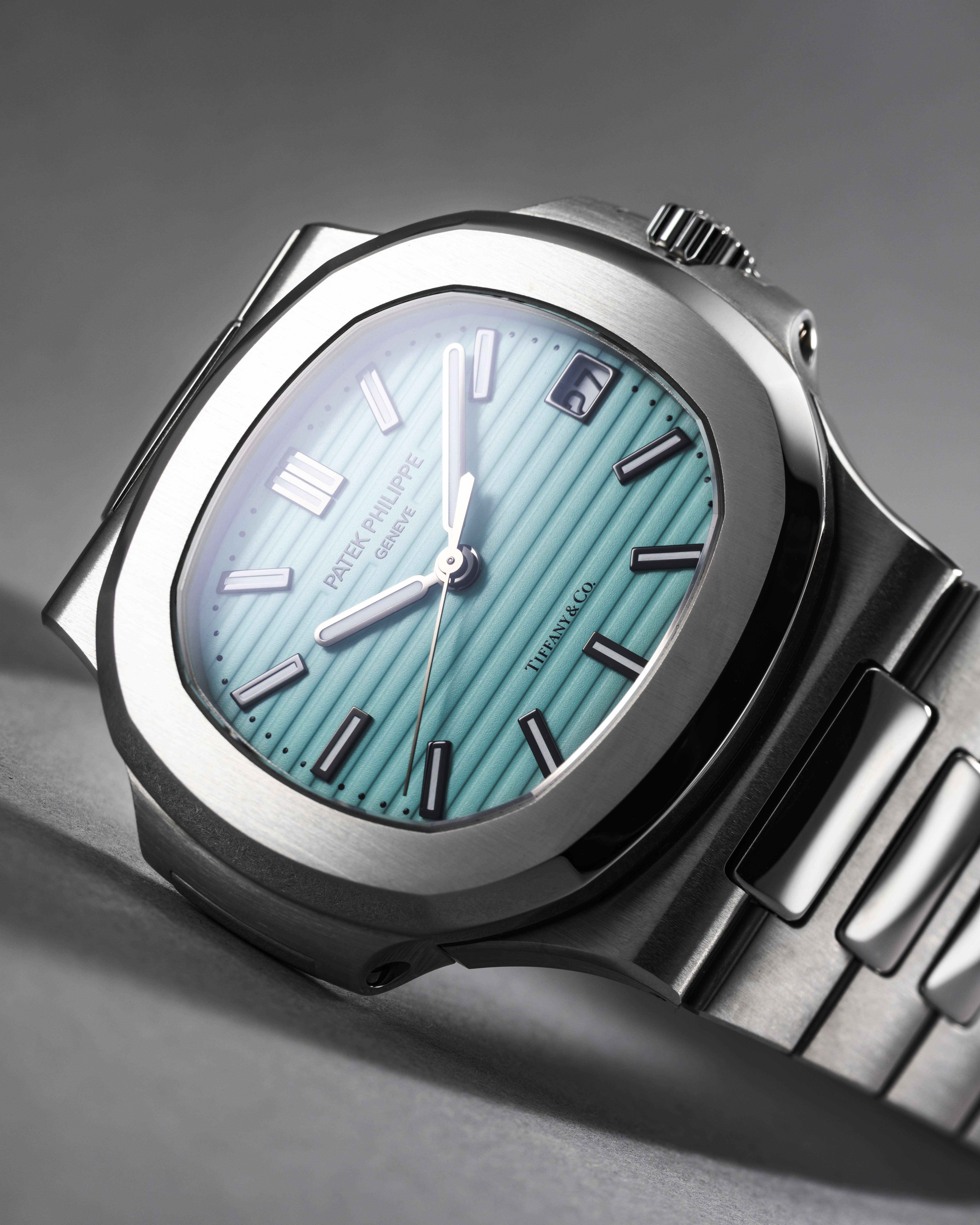 A slanted side image of the Tiffany-Blue Patek Philippe Nautilus 5711