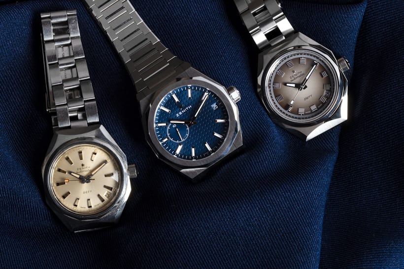 A vintage Zenith Defy from the early 1970s, the Defy Skyline, and the Defy Revival A3642.