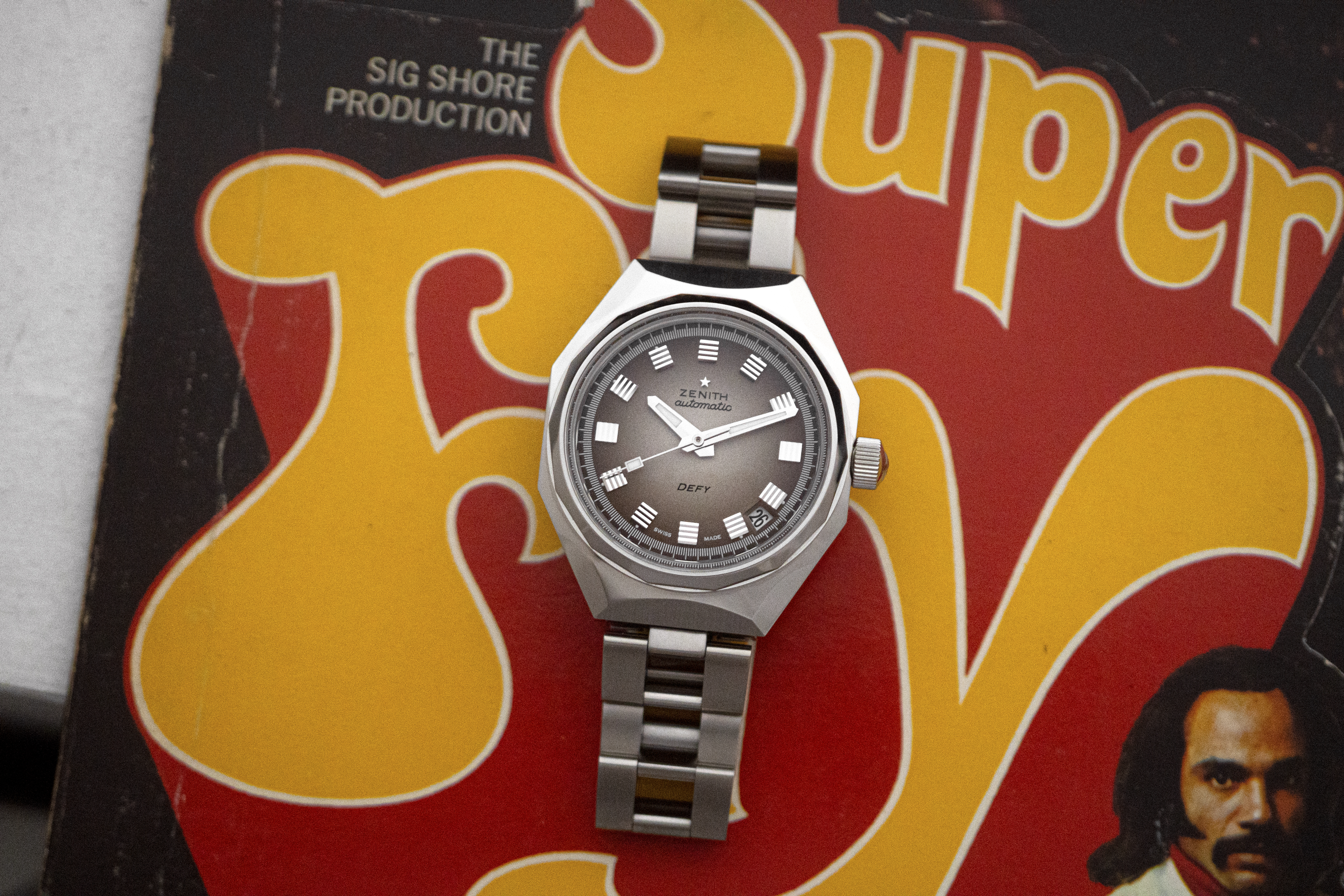 The Zenith Defy Revival A3642 pictured on a record.