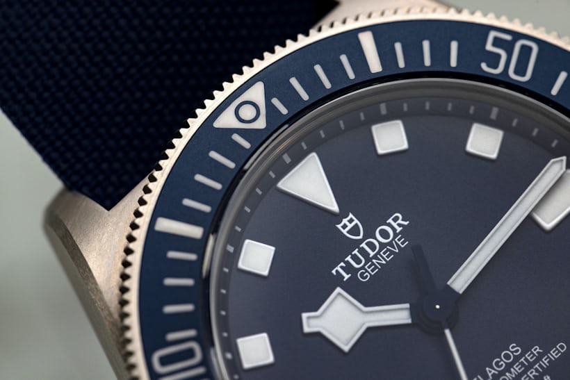 A close-up on the countdown bezel of the Pelagos FXD.