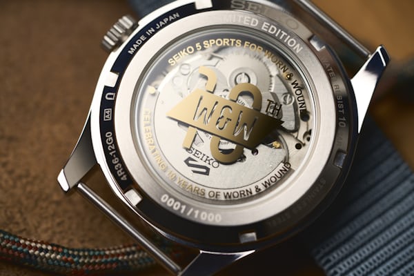A caseback image of the Seiko 5 Sports × Worn & Wound 10th Anniversary Limited Edition