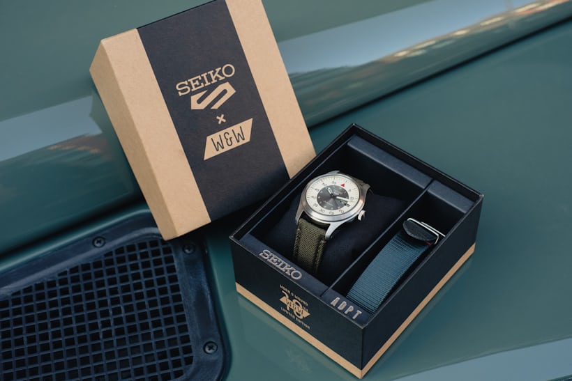the Seiko 5 Sports × Worn & Wound 10th Anniversary Limited Edition with its packaging