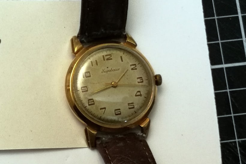 One of the many Russian watches in Friz's kit – a Kirovskie 1950s USSR watch as worn by the character Vittel  in The French Dispatch.