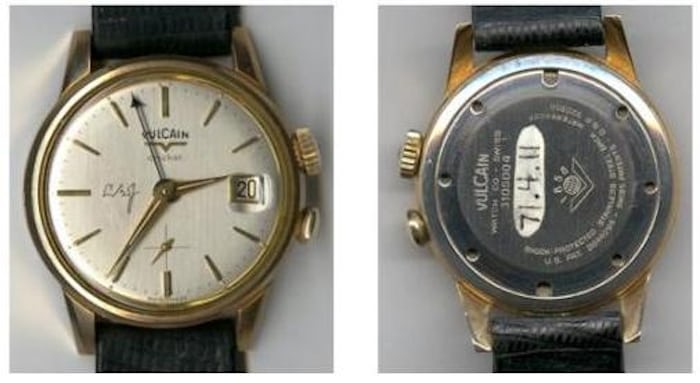 Vulcain Cricket, with LBJ initials on dial, left, and caseback view, right