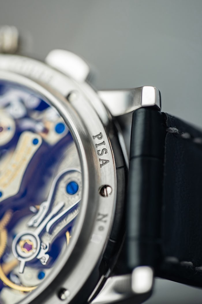 A close-up on the Pisa engraving on the caseback of a rare Lange Datograph