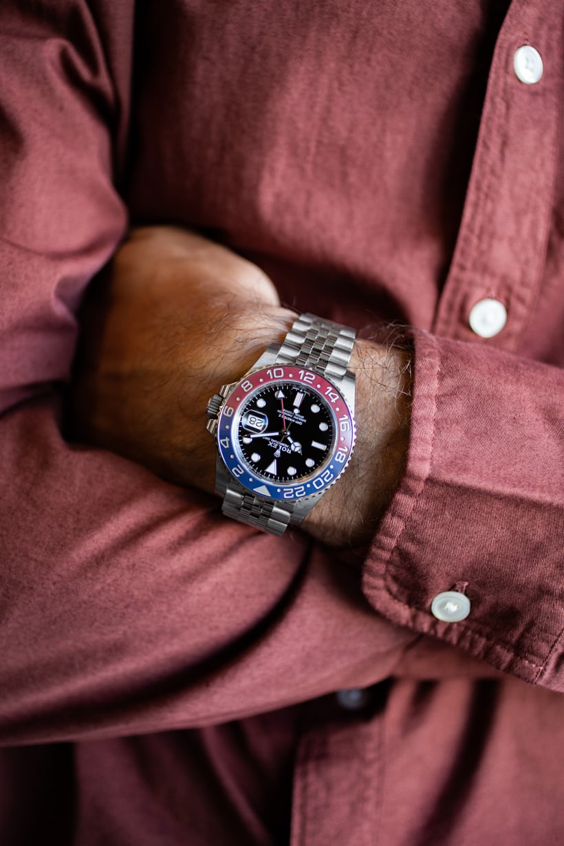 A Rolex GMT Master II on the author's wrist. 
