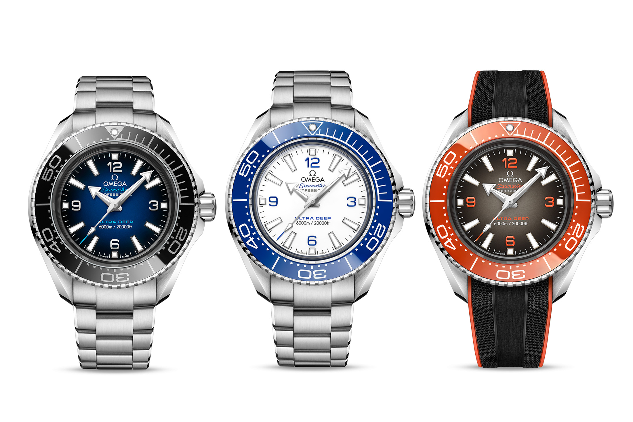 The three color versions of the Planet Ocean Ultra Deep O-MEGASTEEL