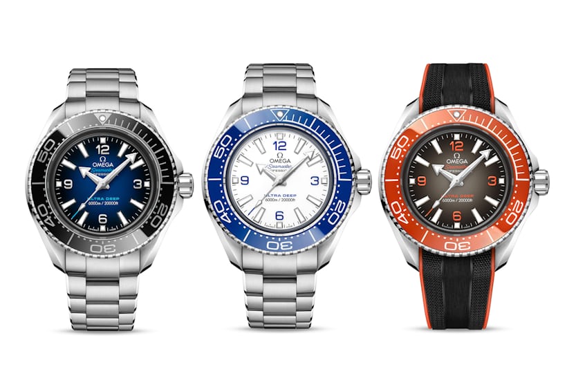 The three color versions of the Planet Ocean Ultra Deep O-MEGASTEEL