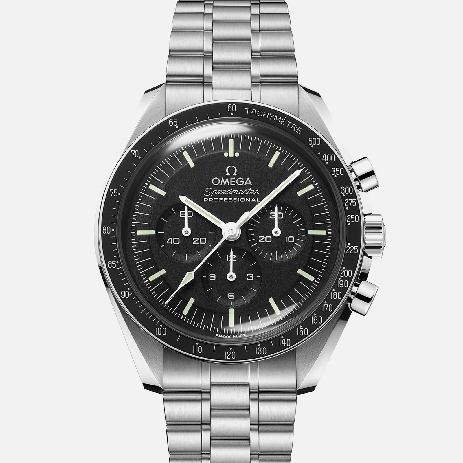 A soldier image of a Speedmaster Moonwatch Professional Co-Axial Master Chronometer Chronograph 42mm Hesalite Crystal On Bracelet With Caliber 3861