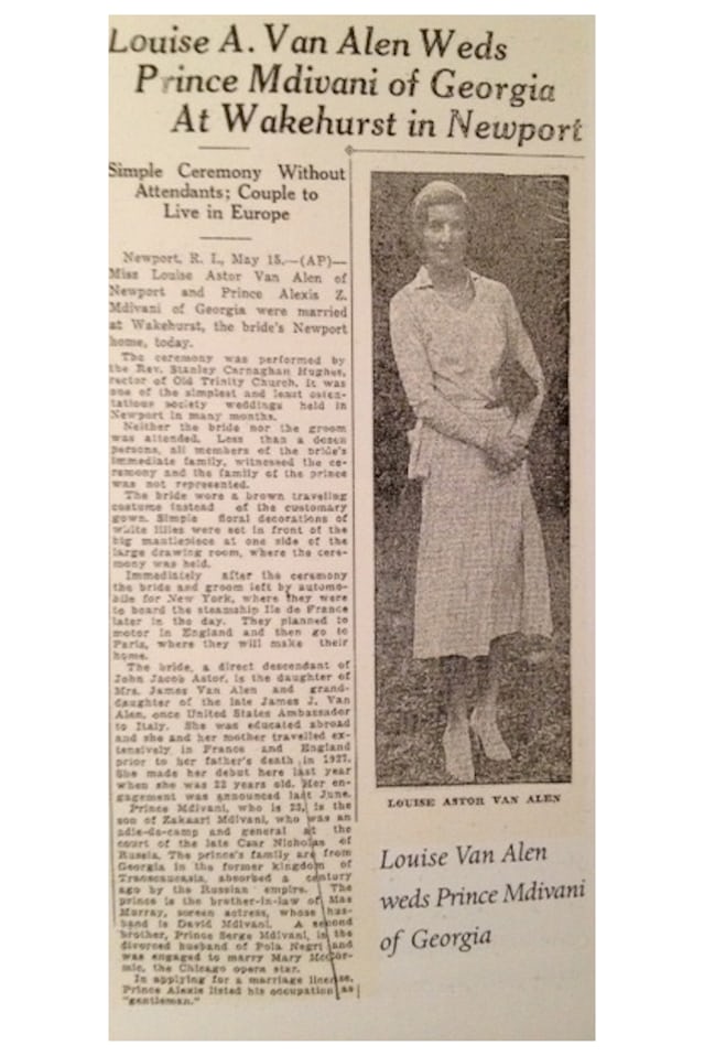 A newspaper clipping detailing the marriage of Louise Astor Van Alen to Alexis Mdivani.