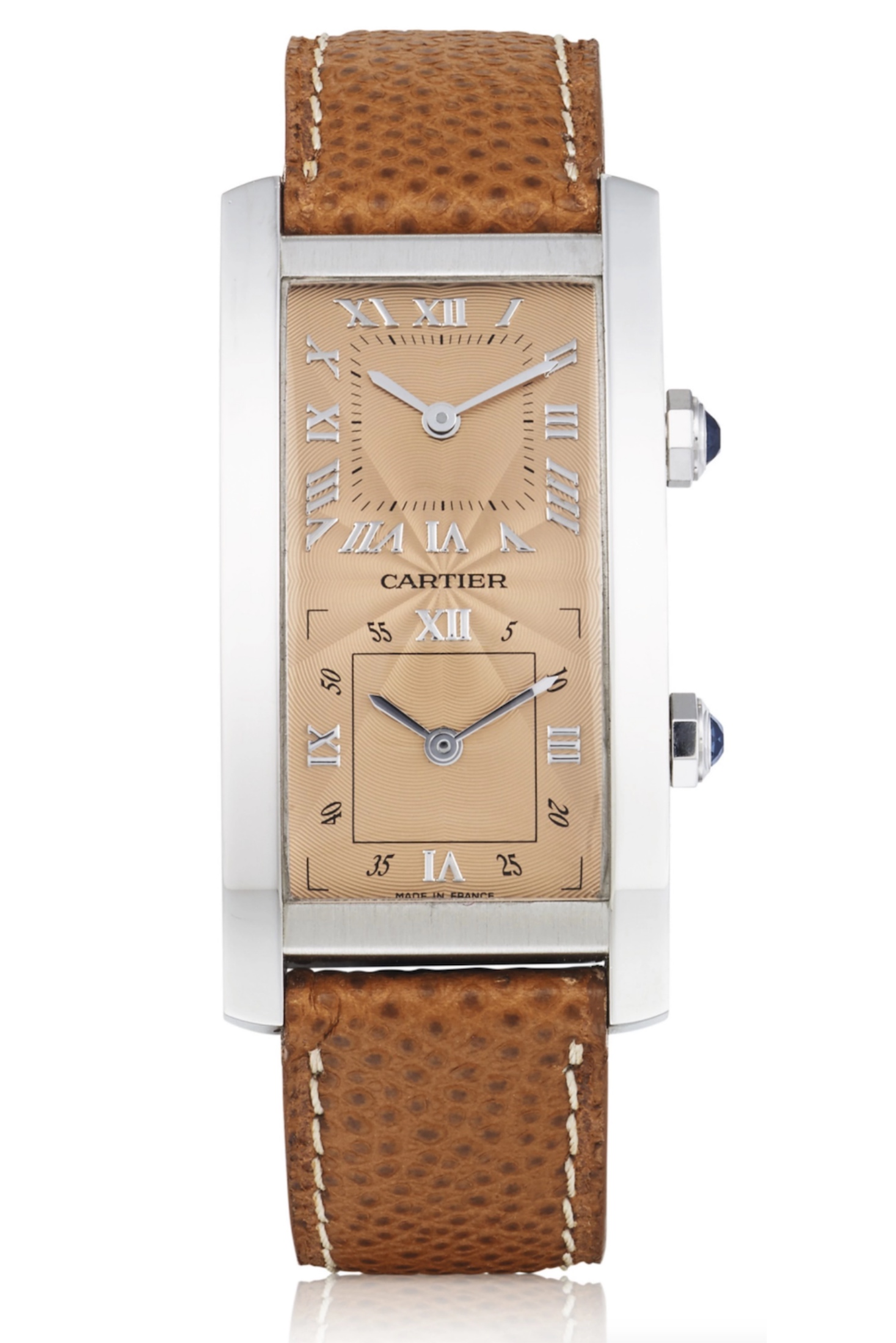 A Limited Edition Platinum Dual Time Zone Tank Cintrée ,circa 1990. The color is right, but the dial is not in the classic design.