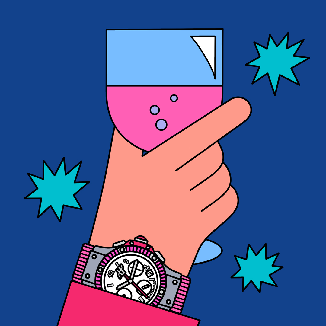 An illustration of a wrist with a Hublot Tutti Frutti watch 
