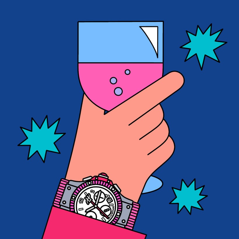 An illustration of a wrist with a Hublot Tutti Frutti watch 