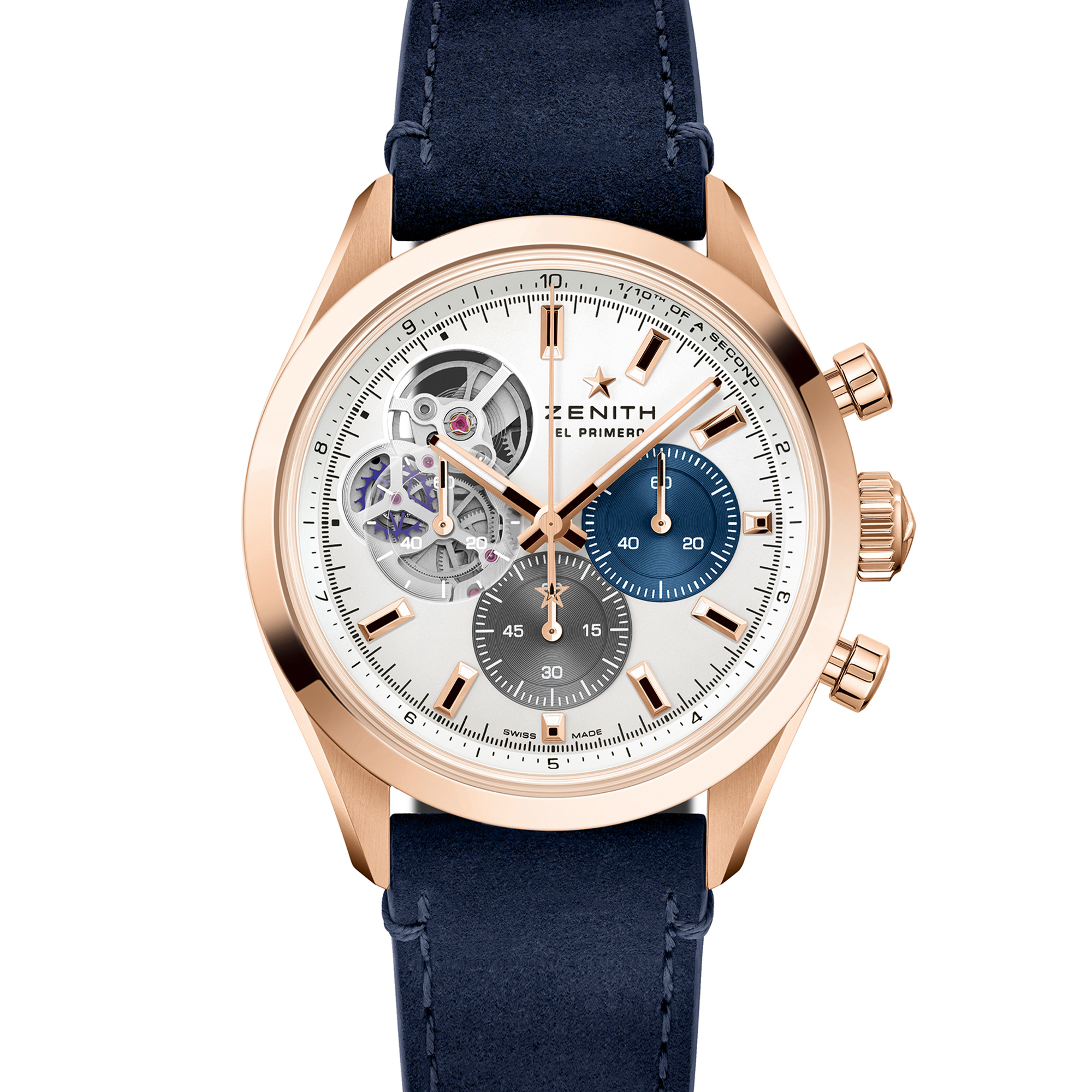 A soldier image of the Zenith Chronomaster Open in rose goldwith a silver dial