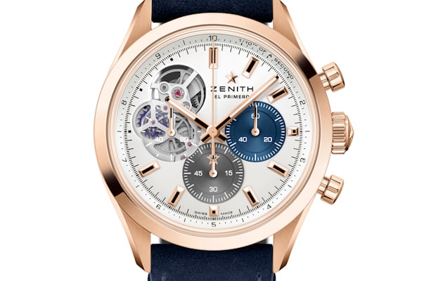 A soldier image of the Zenith Chronomaster Open in rose goldwith a silver dial
