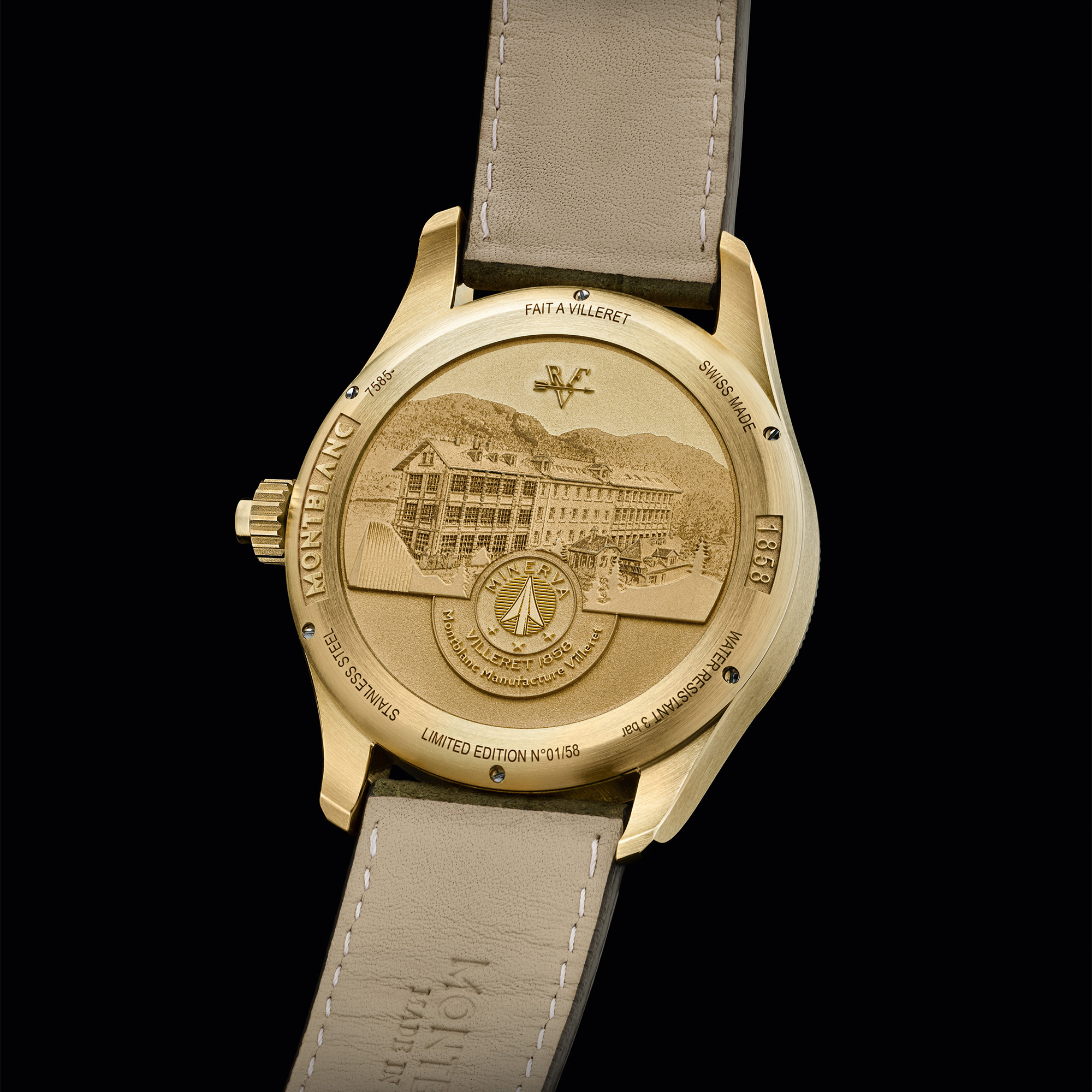 The caseback of the Montblanc 1858 The Unveiled Secret Minerva Monopusher Chronograph LE18