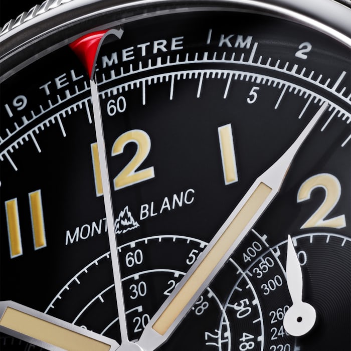 A close-up on the dial of the Montblanc 1858 Minerva Red Arrow Monopusher Chronograph.