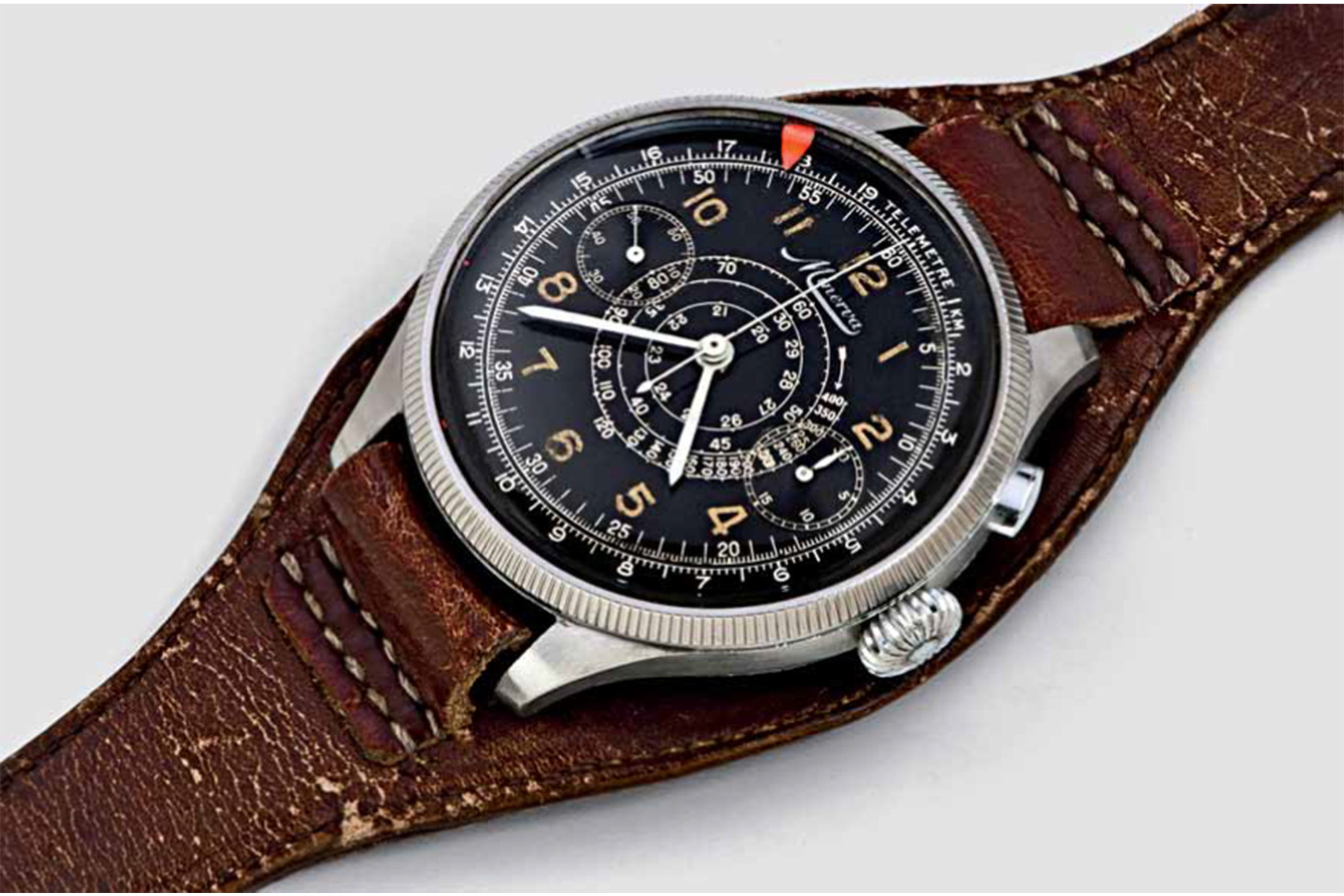 A vintage Minerva chronograph that inspired the new Montblanc 1858 Minerva Red Arrow Monopusher Chronograph.