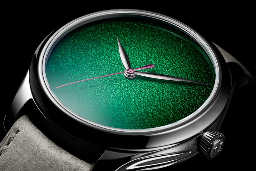A close-up on the dial of the H. Moser Centre Seconds Concept Lime Green