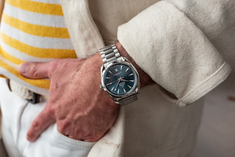 the blue 38mm AT on a man's wrist. 