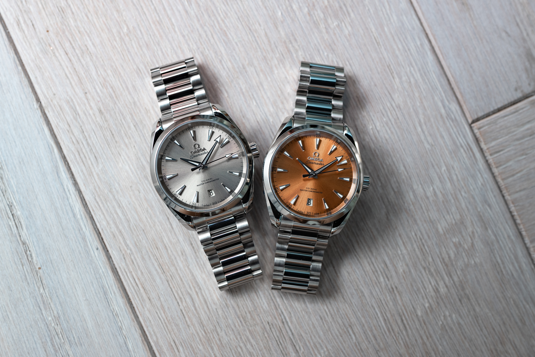 the silver and copper 38mm aqua terras on a table