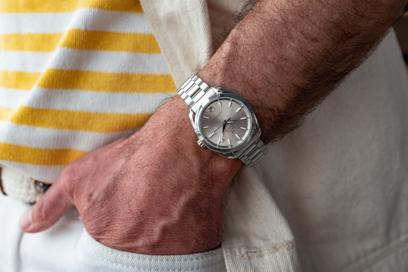 the 34mm silver AT on a man's wrist 