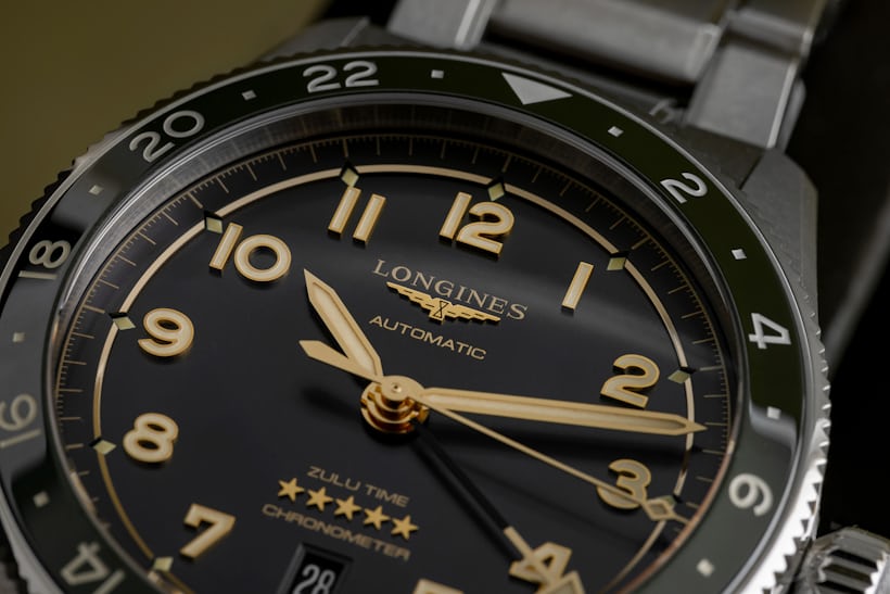 A close-up on the dial of the Longines Spirit GMT Zulu Time