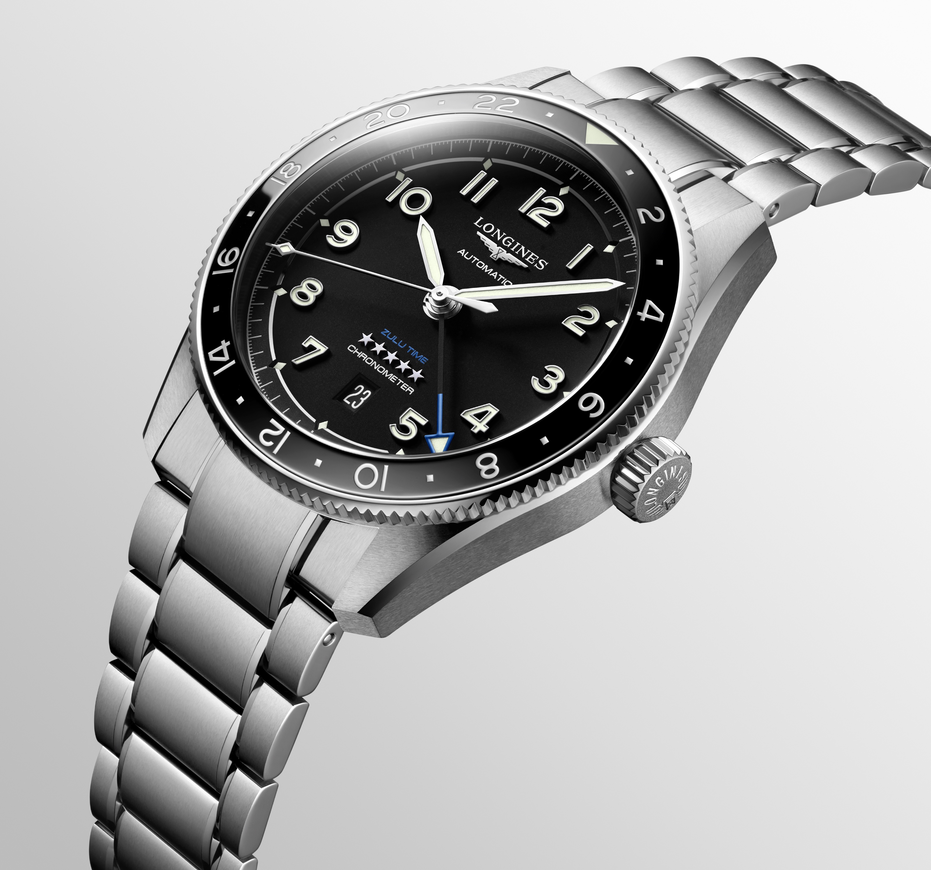A soldier image of the Longines GMT Zulu Time with a black dial