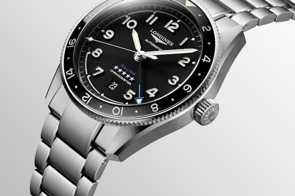 A soldier image of the Longines GMT Zulu Time with a black dial