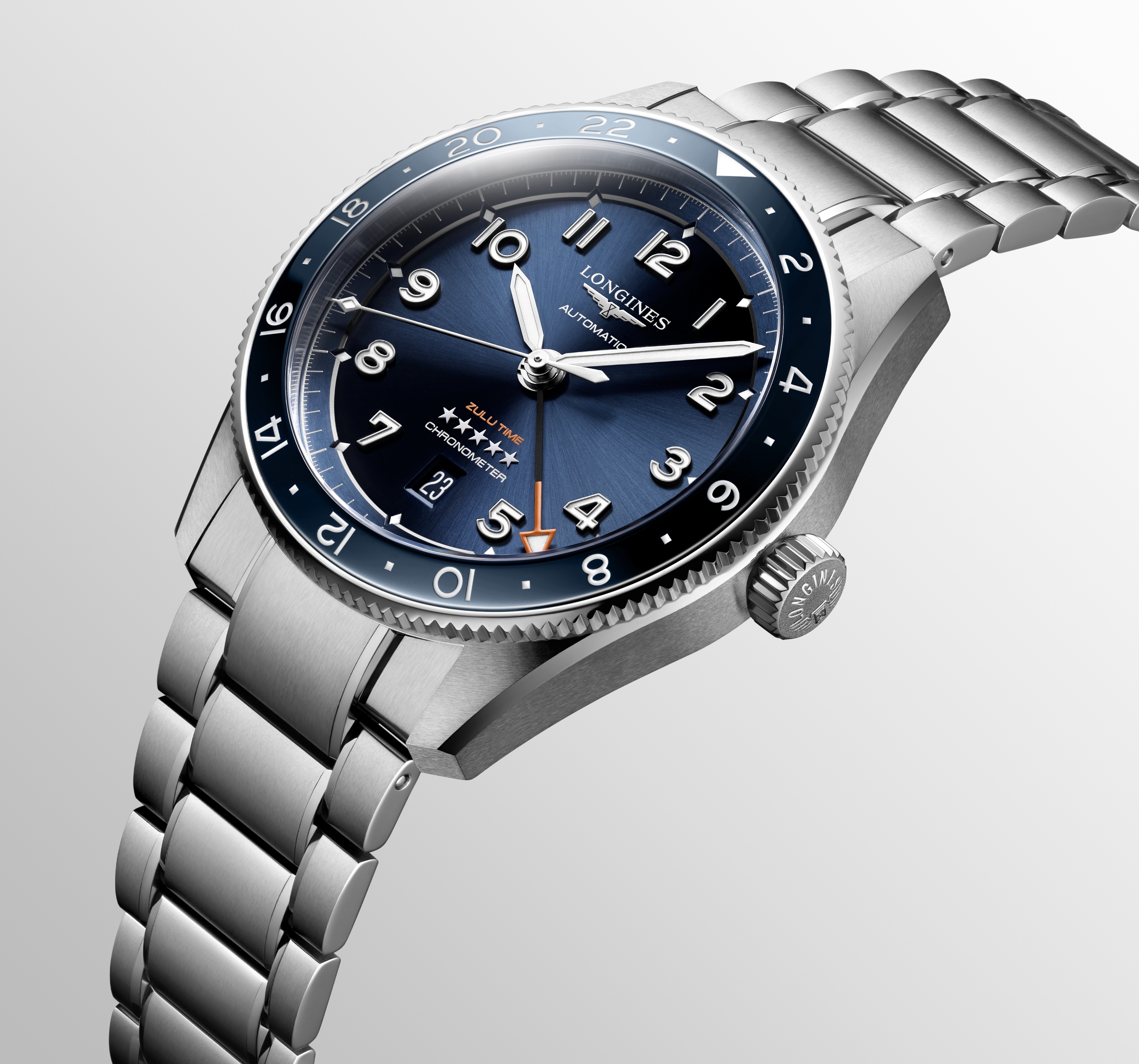 A soldier image of the Longines GMT Zulu Time with a blue dial