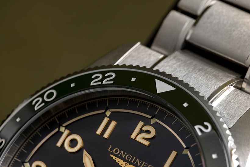 A close-up of the dial on the Longines Spirit GMT Zulu Time