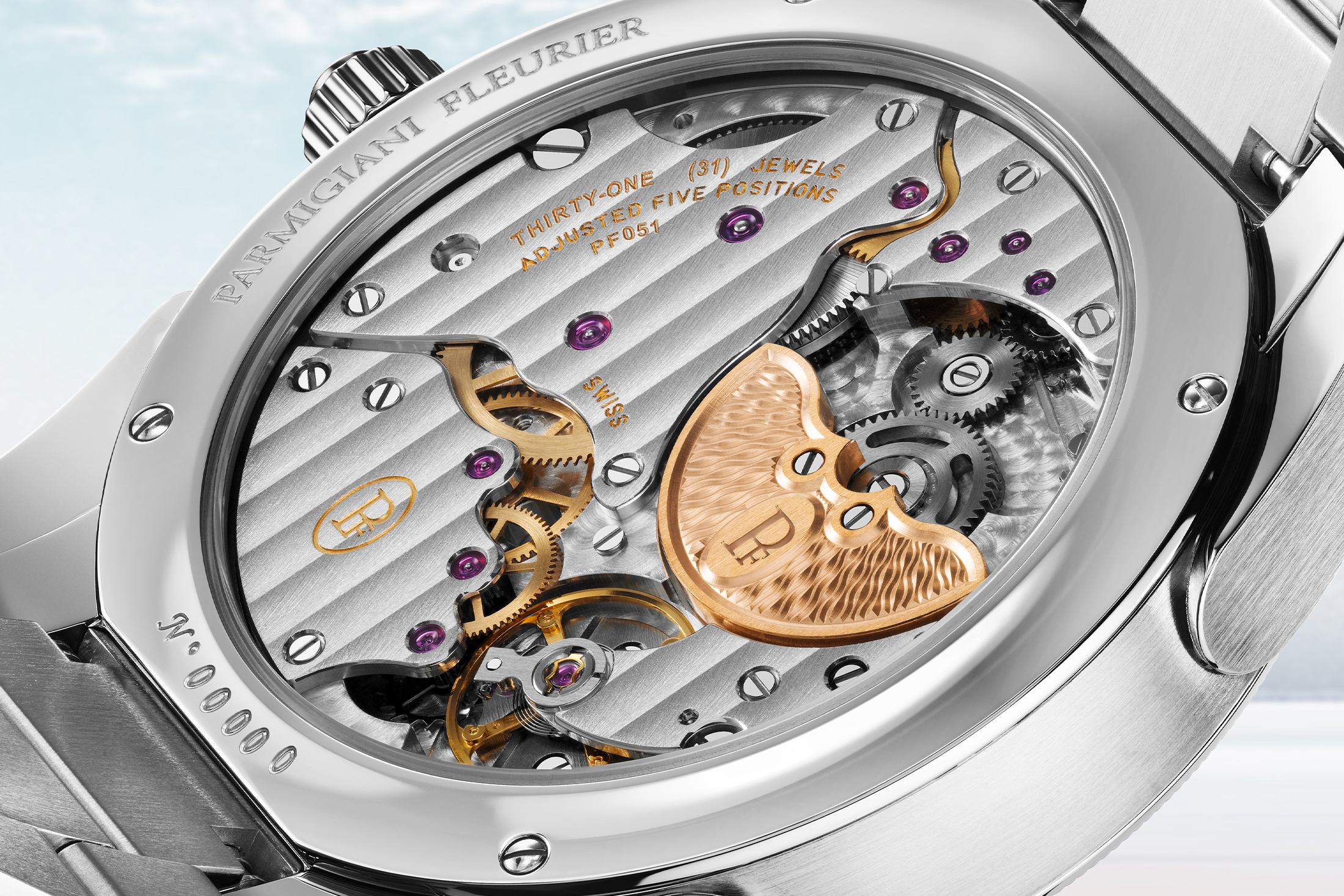 A close-up caseback rendering of the Parmigiani Fleurier Tonda PF GMT Rattrapante.